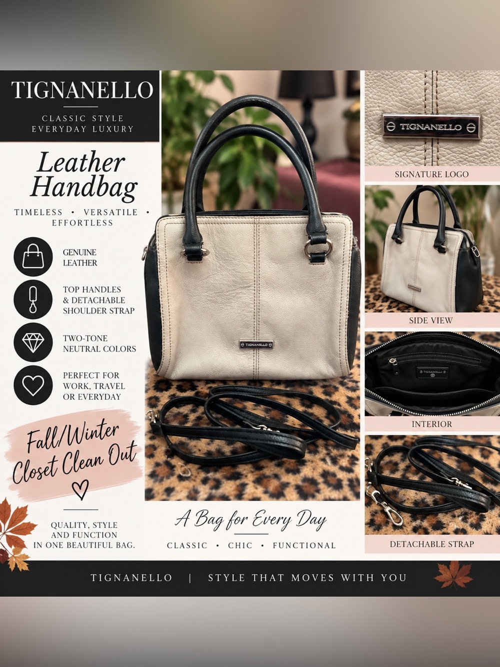 Tignanello Two-Tone Leather Satchel in Cream and Black